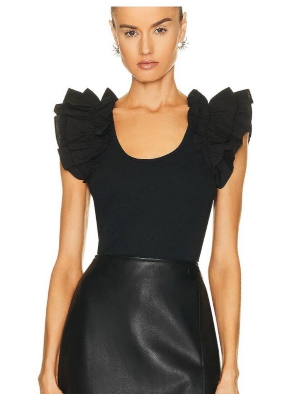 Ulla Johnson Black Koa Ruffled Shoulder Tank Cotton | L